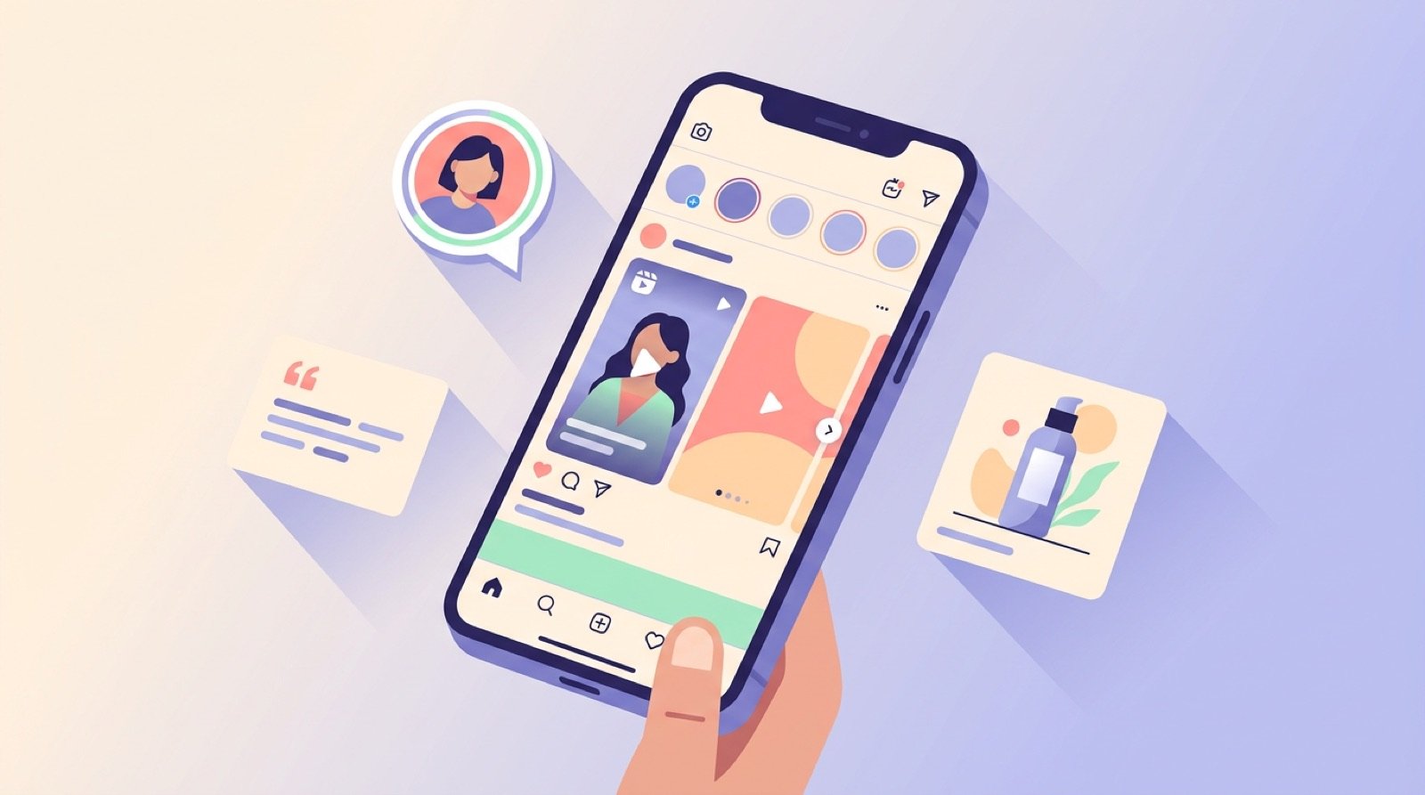 Smartphone-Mockup mit Reels, Stories und Karussell-Posts