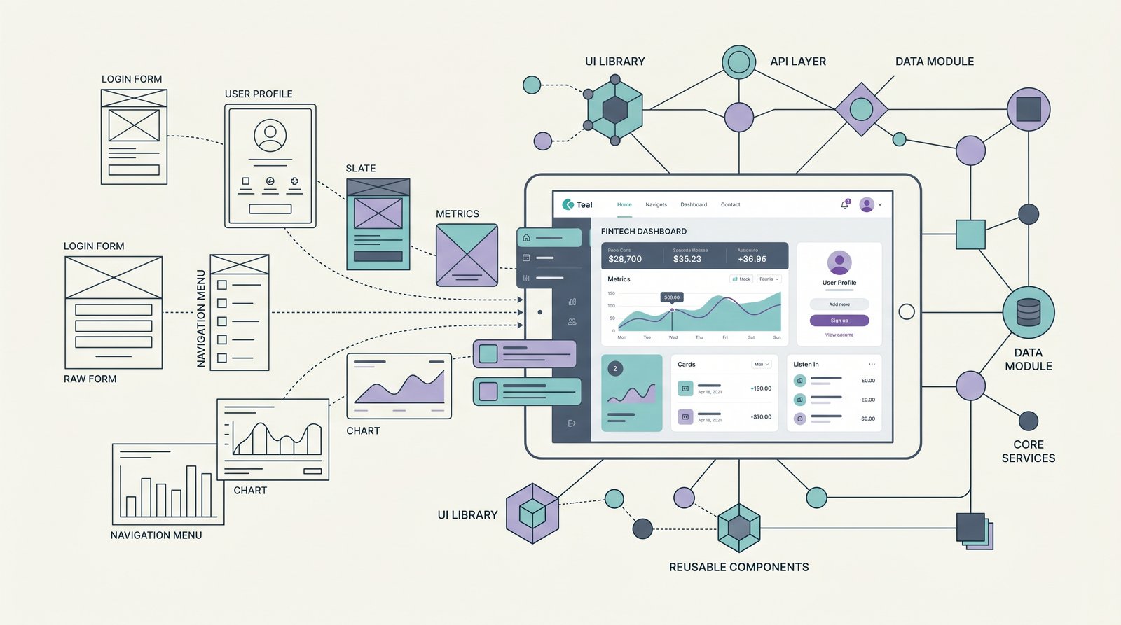 Fintech-Dashboard mit Wireframes und API-Schicht — Portal-Mockup